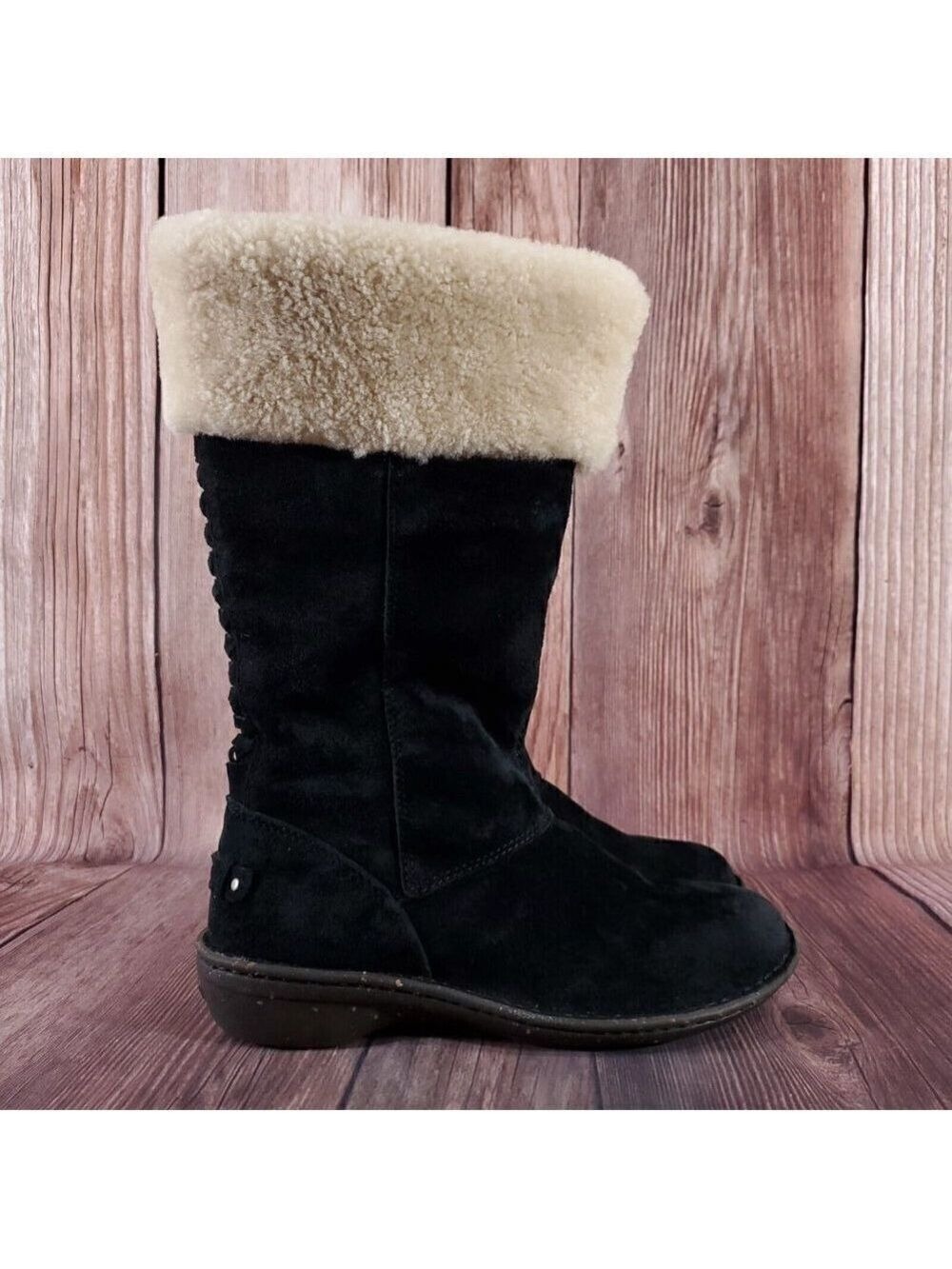 Ugg Karyn Womens Sz 7 Black Suede Leather Mid Calf Cuff Shearling Boots 1005449 - Picture 6 of 16